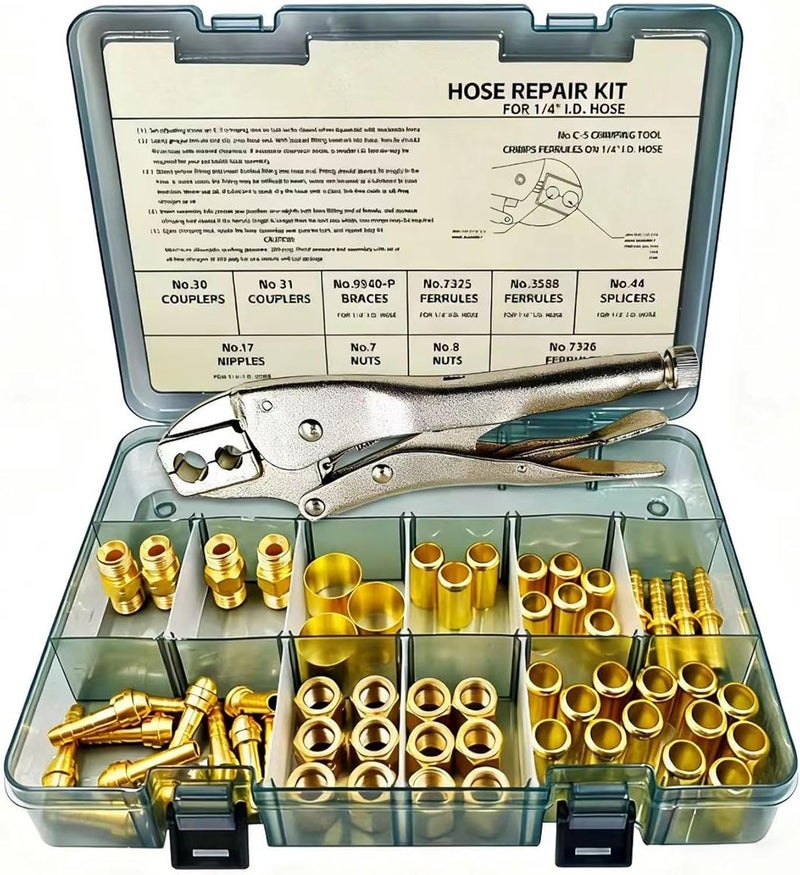ZGTools 58PCS Hose Repair Kit, 1/4 I.D. Torch Hose Repair Kit, Air Hose Crimper Tool for Air Hoses/Torch Hoses/Oxygen Acetylene Hoses，Include Fittings/CrimpingTool/Ferrules/Couplers/Braces/Nipples/Nuts etc - Image 1
